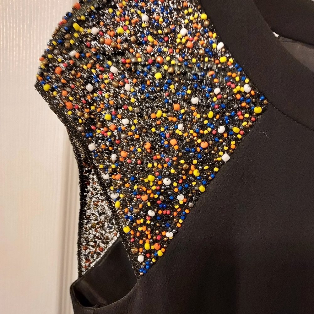 Trina Turk LBD Cocktail Dress sz 2 Beaded Shoulders Wedding Guest Cocktail